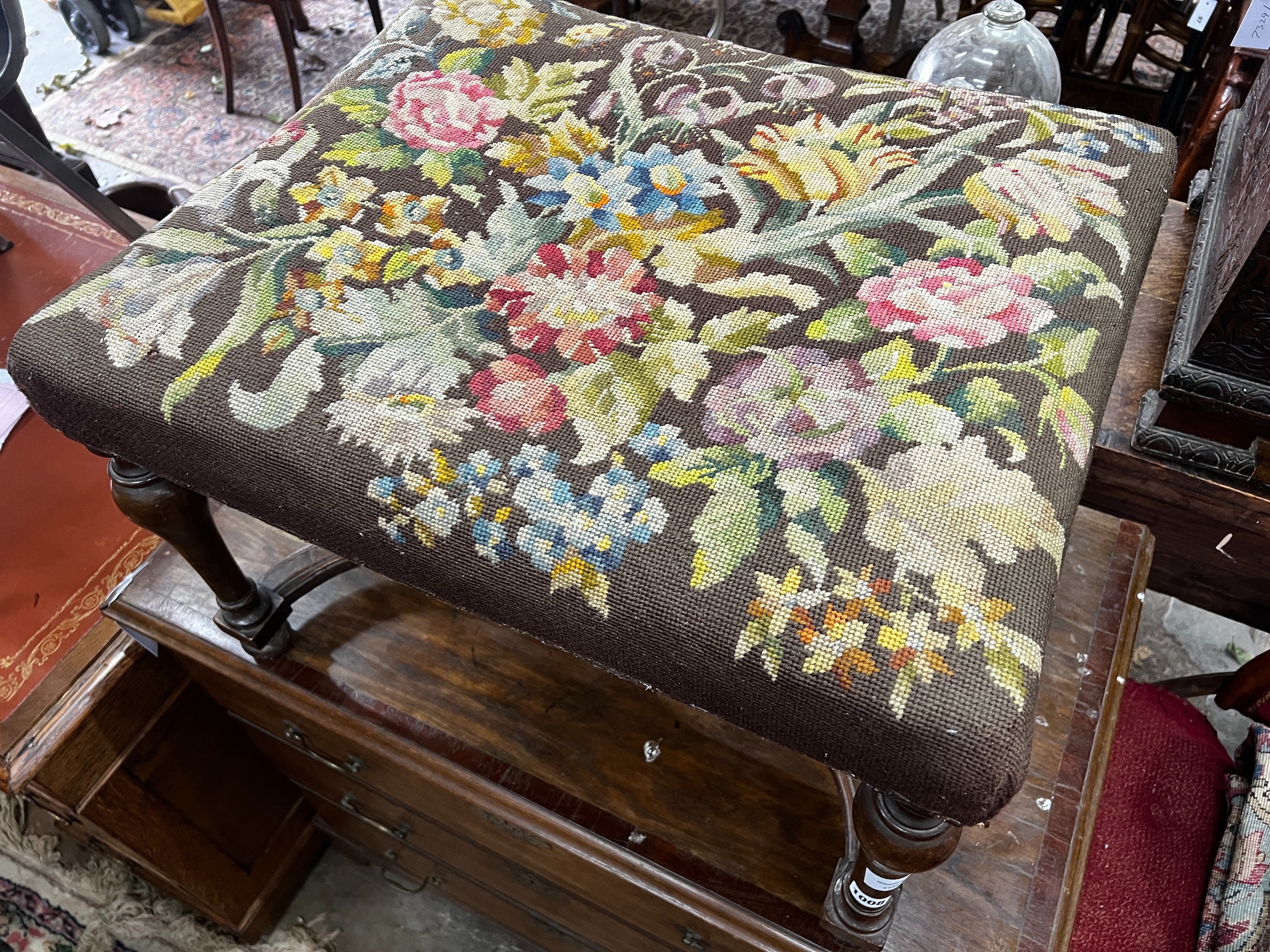 A William & Mary style walnut stool, with 'X' shaped understretcher, length 65cm, width 53cm, height 44cm